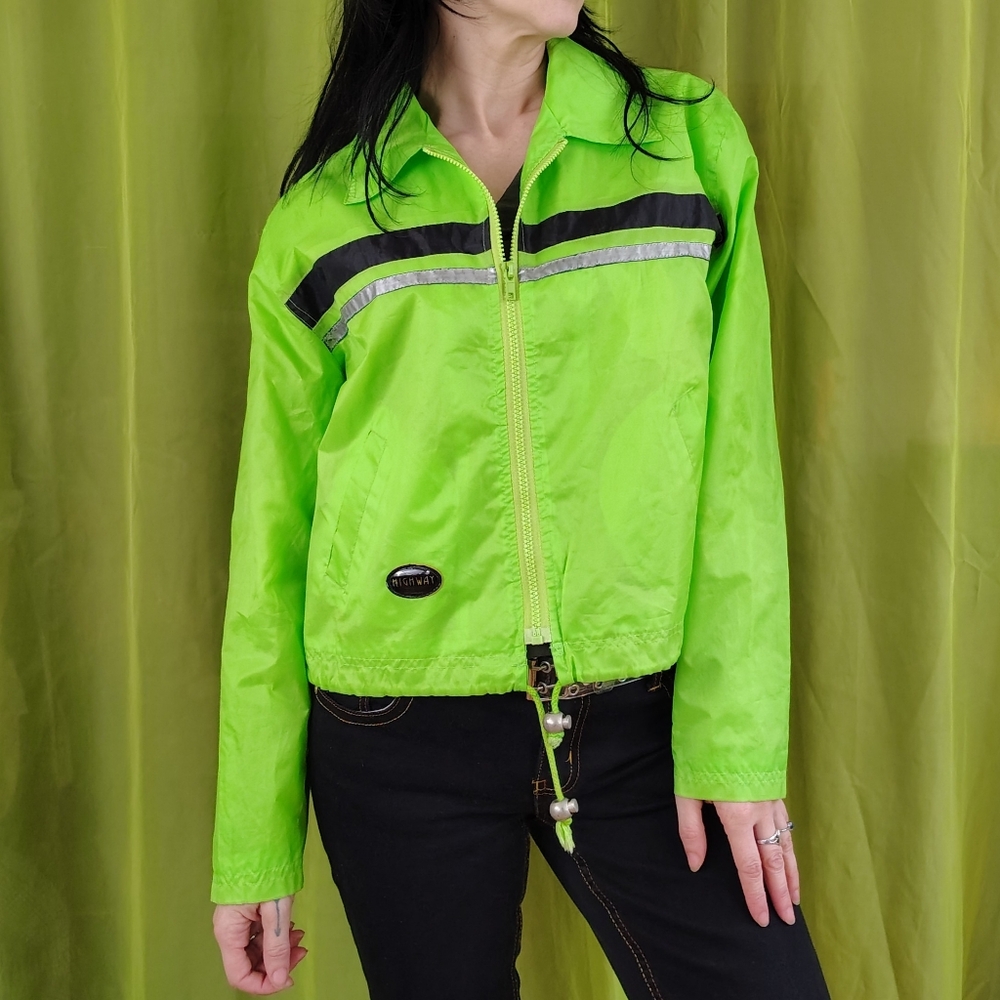 90s Vintage Lime Green Windbreaker Track Jacket Medium Brat Neon Stripe Coat M